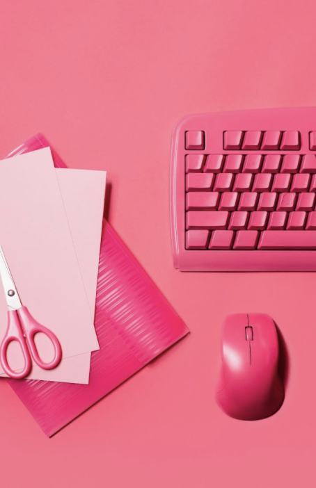 Real estate postcard marketing tools including keyboard, mouse, and pink stationery